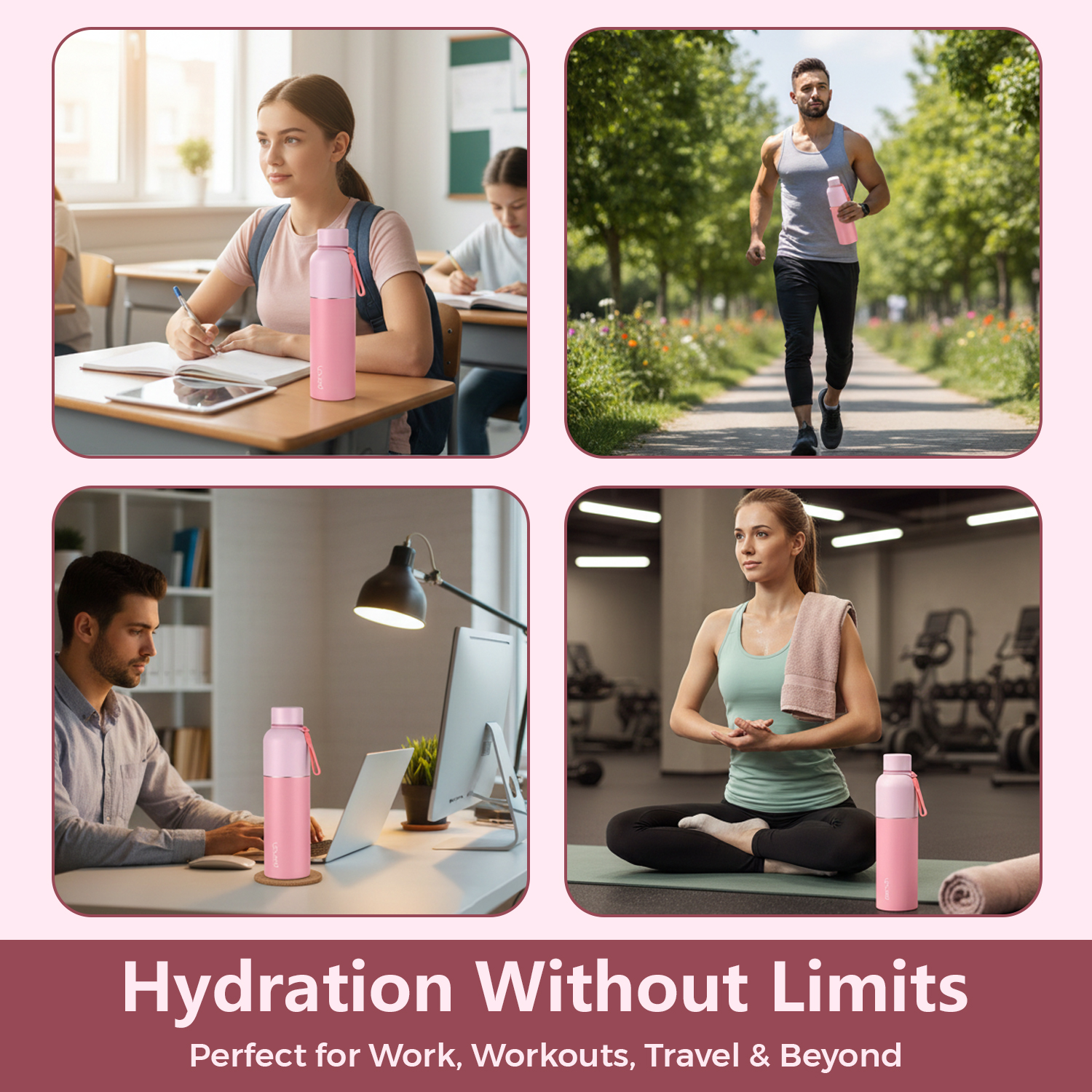 Zenith Insulated 1Ltr Water Bottle with Gift Box, Baby Pink