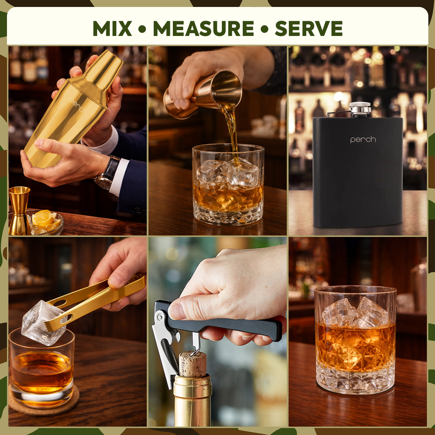 9-Piece Army Print Leatherette Suitcase Bar Set with Cocktail Shaker & 3 Whisky Glasses – Golden