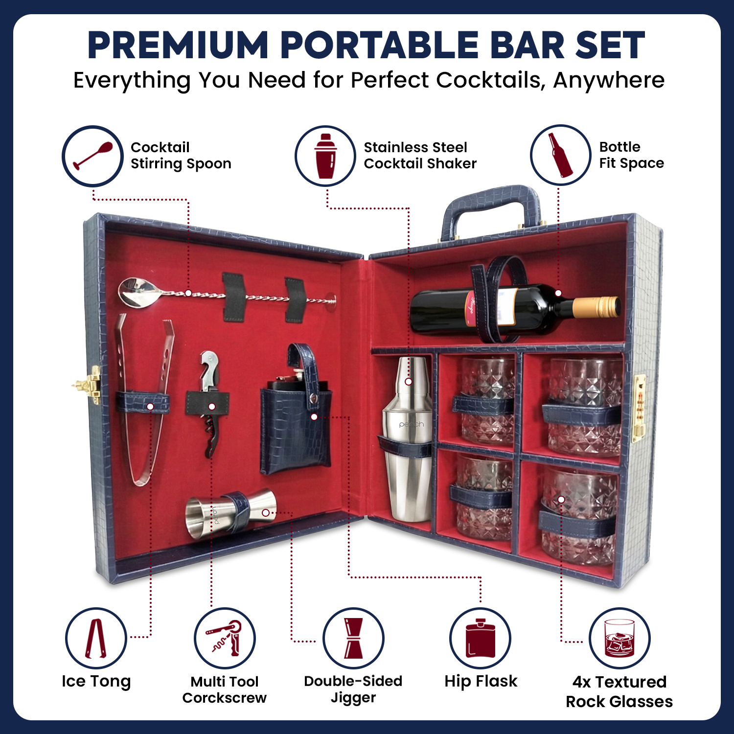 11-Piece Crocodile Print Leatherette Suitcase Bar Set with Twist Cocktail Shaker & 4 Whisky Glasses – Silver