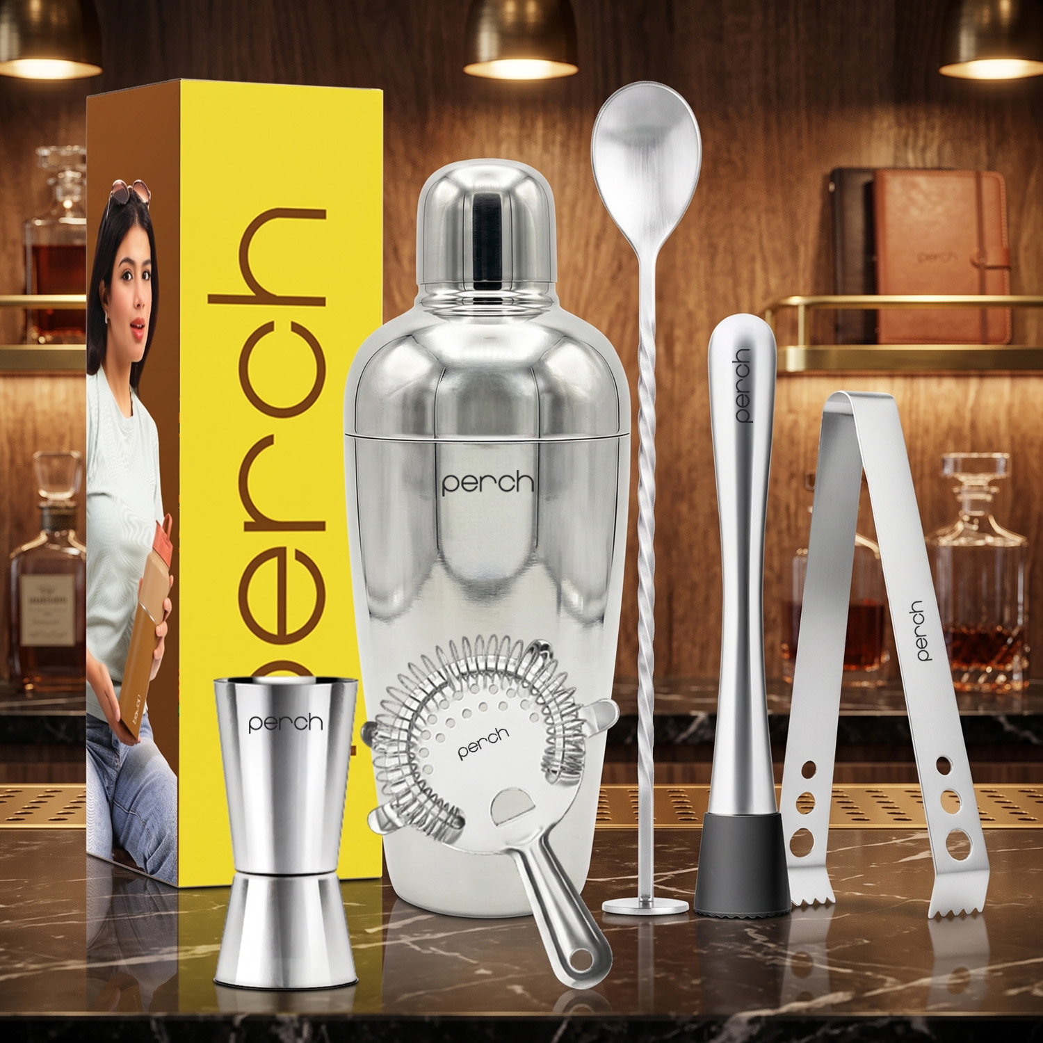 Craft 6-Piece Stainless Steel Belly Cocktail Shaker Set with Bar Tools – Silver