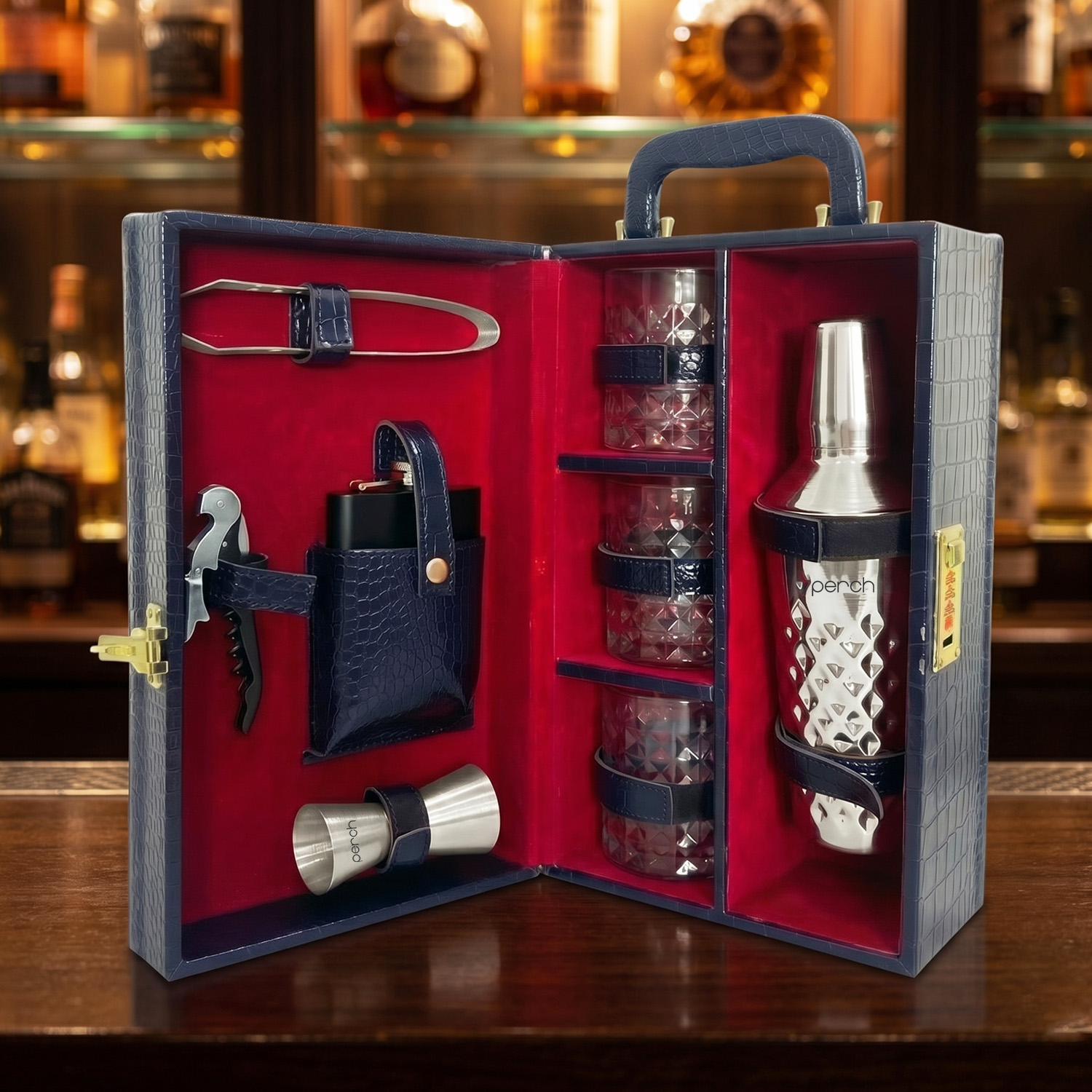 9-Piece Crocodile Print Leatherette Suitcase Bar Set with Cocktail Shaker & 3 Whisky Glasses – Silver