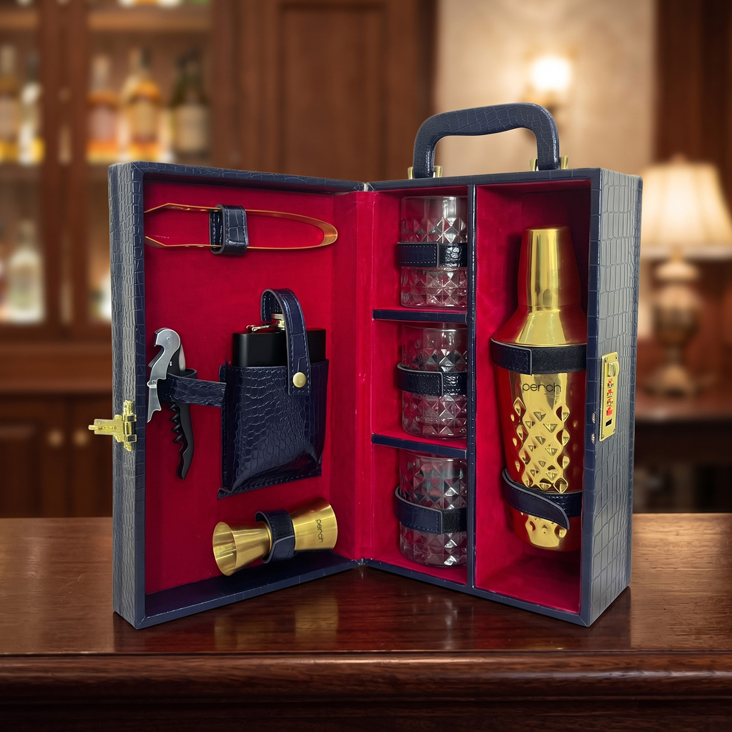 9-Piece Crocodile Print Leatherette Suitcase Bar Set with Cocktail Shaker & 3 Whisky Glasses – Golden