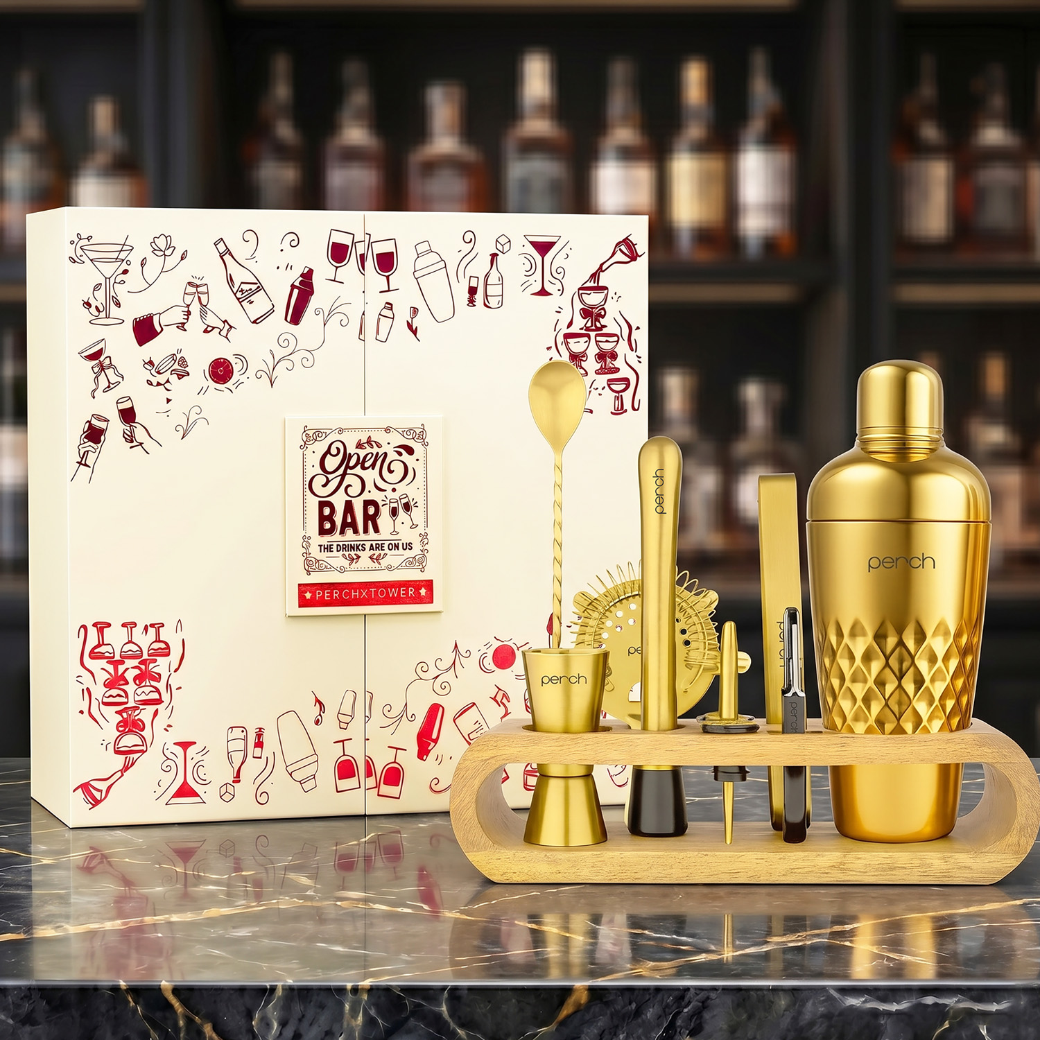 O' Holic 10-Piece Cocktail Shaker Gift Set with Mango Wooden Stand | Stainless Steel Bartender Kit | Gold