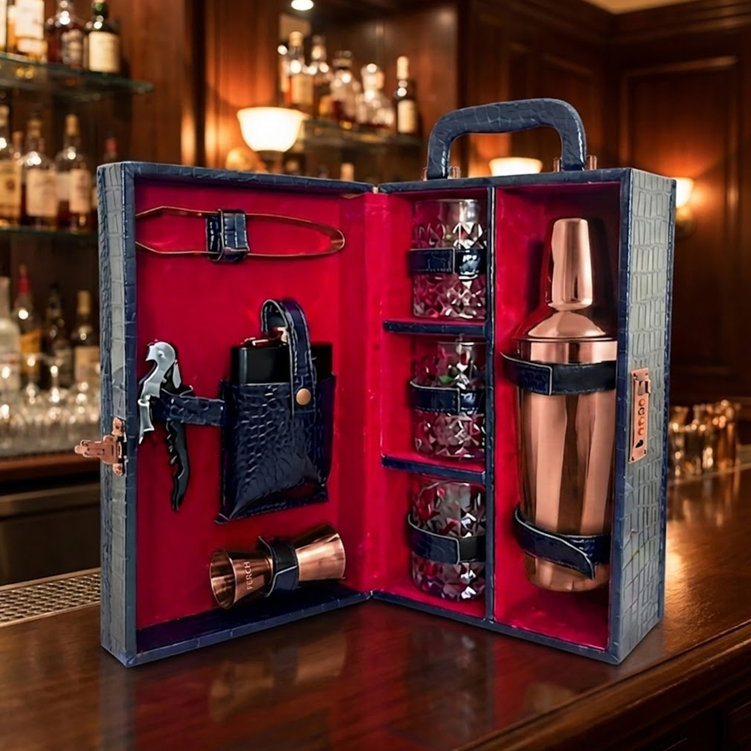 9-Piece Crocodile Print Leatherette Suitcase Bar Set with Cocktail Shaker & 3 Whisky Glasses – Rose Gold