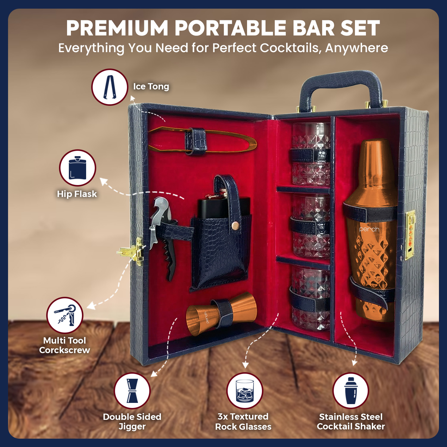 9-Piece Crocodile Print Leatherette Suitcase Bar Set with Cocktail Shaker & 3 Whisky Glasses – Rose Gold
