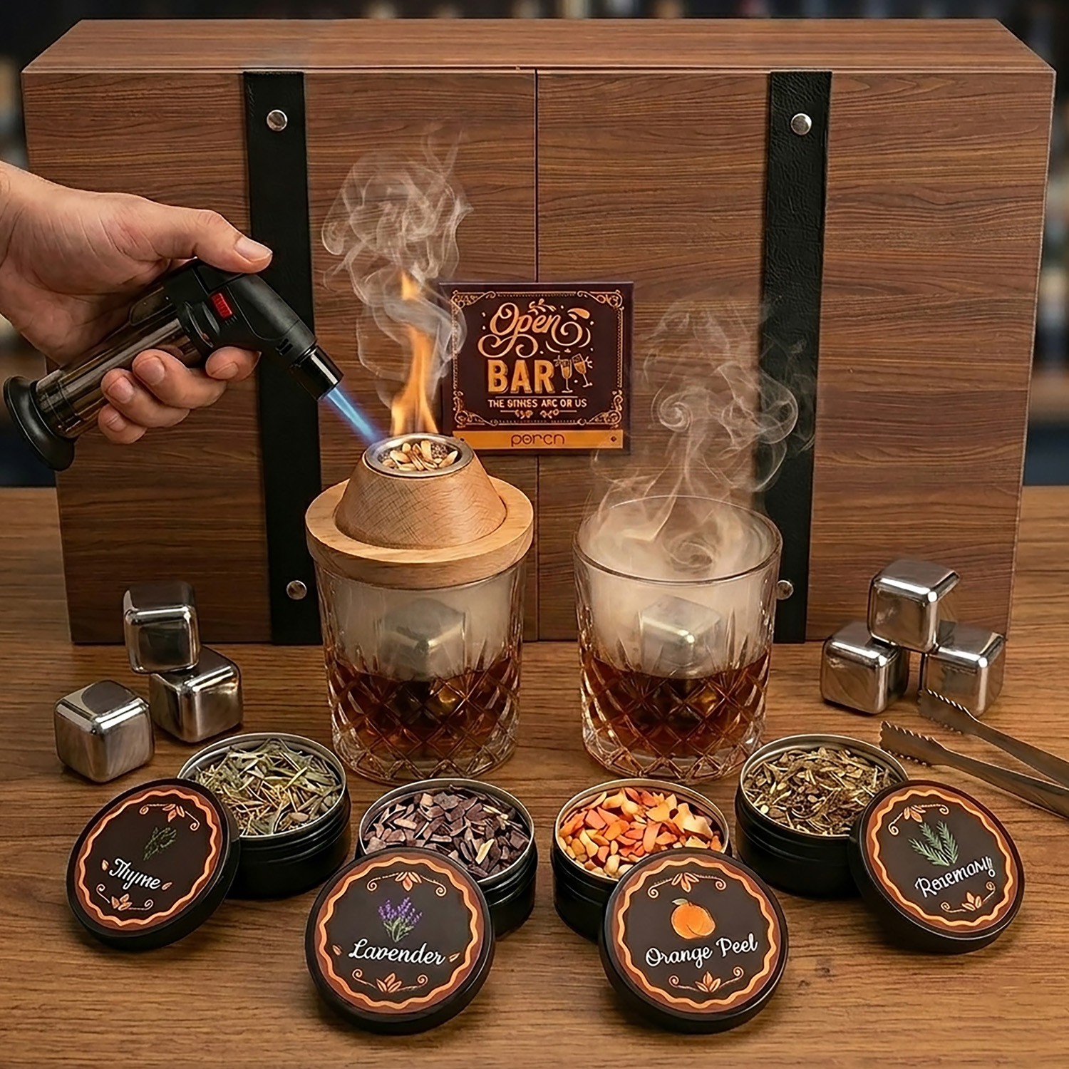 Cocktail Smoker Kit with Torch | Whiskey & Bourbon Smoke Infuser Set with 2 Glasses, 4 Natural Wood Chip Flavors & Whiskey Stones