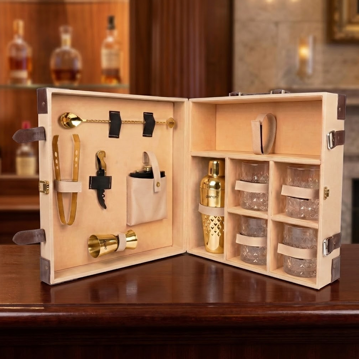 11-Piece Brown Leatherette Suitcase Bar Set with Belly Cocktail Shaker & 4 Whisky Glasses – Golden