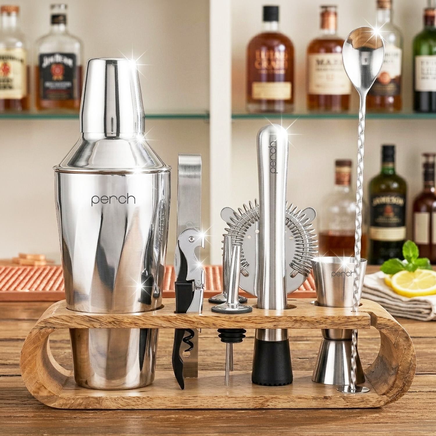 O' Holic Twist Cocktail Shaker Set | 10-Piece Bartender Kit with Mango Wooden Stand | Silver