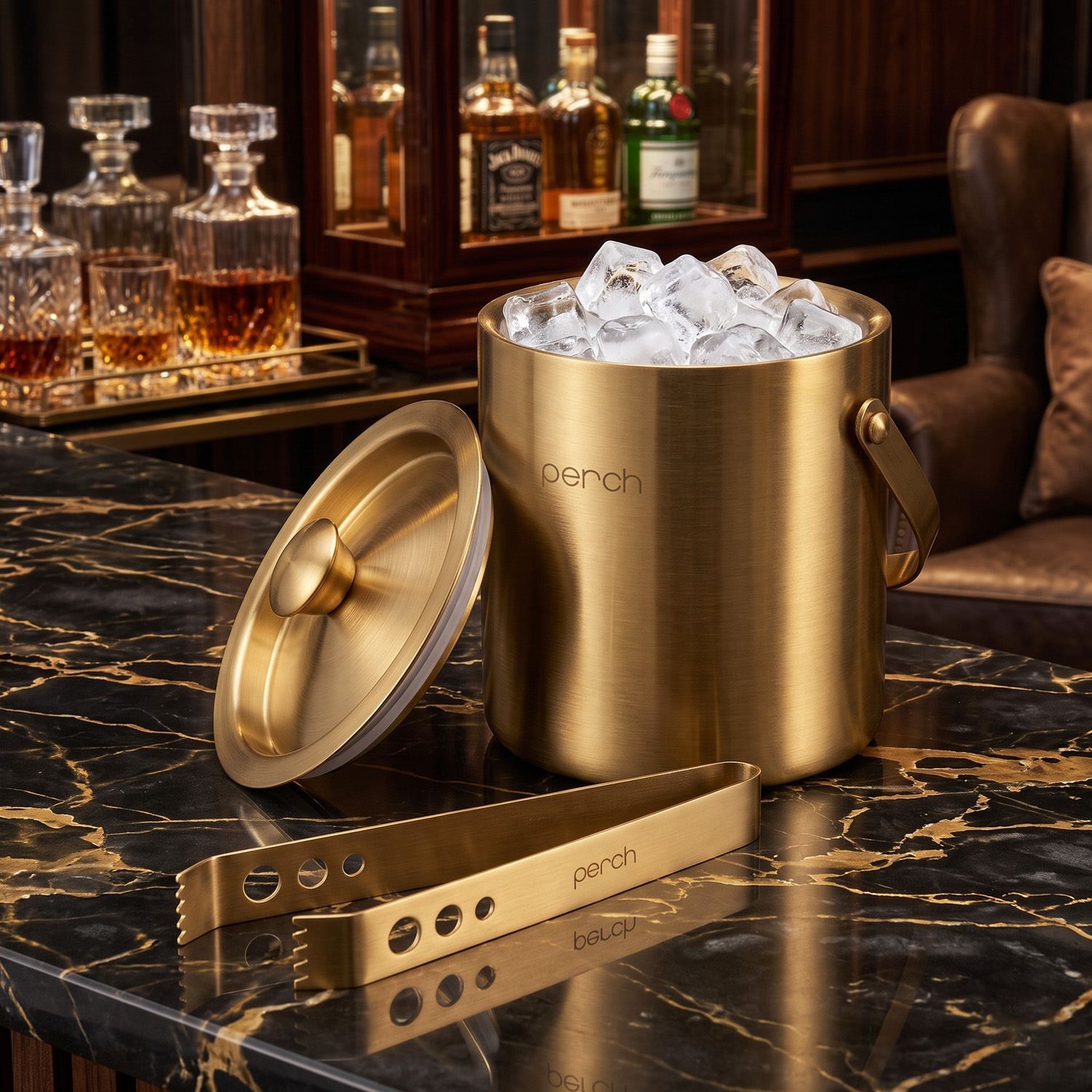 Gold Stainless Steel Ice Bucket Set with Lid, Handle & Ice Tong – 1.5L