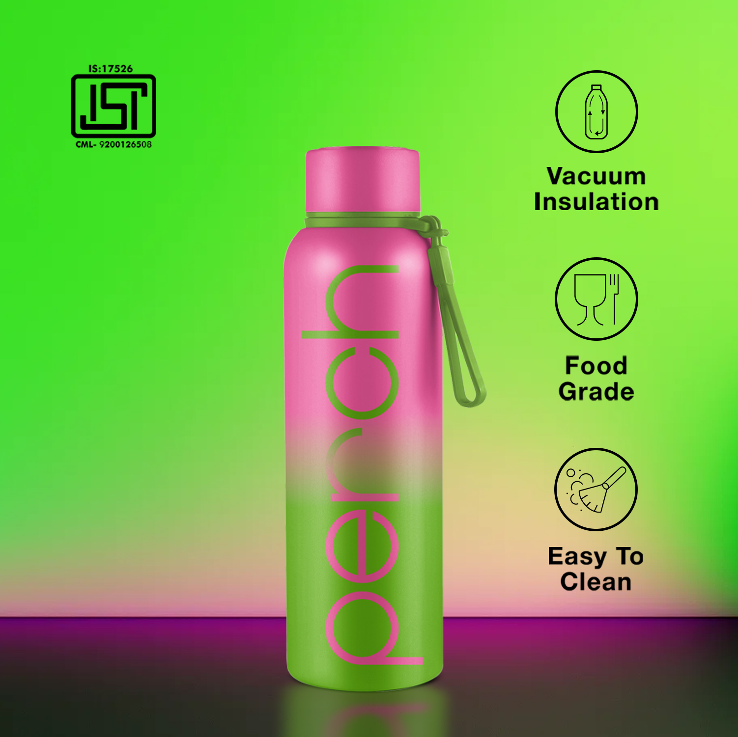 Zion Insulated 720ml Water Bottle, Neon Green & Pink