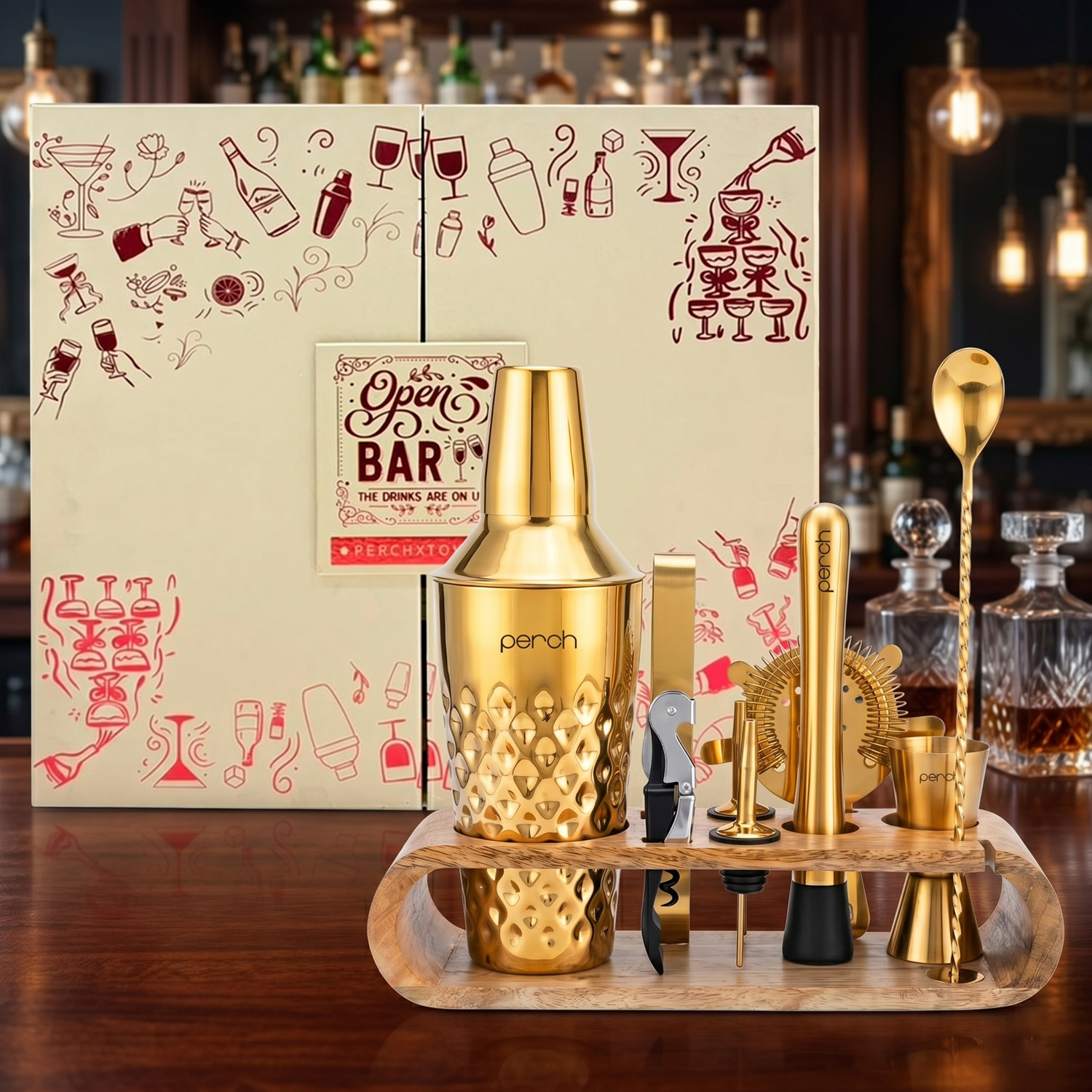 O' Holic Diamond Cocktail Shaker Gift Set | 10-Piece Bartender Kit with Mango Wooden Stand | Gold