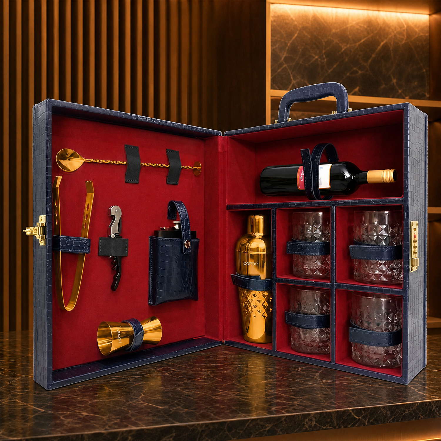 11-Piece Crocodile Print Leatherette Suitcase Bar Set with Belly Cocktail Shaker & 4 Whisky Glasses – Golden