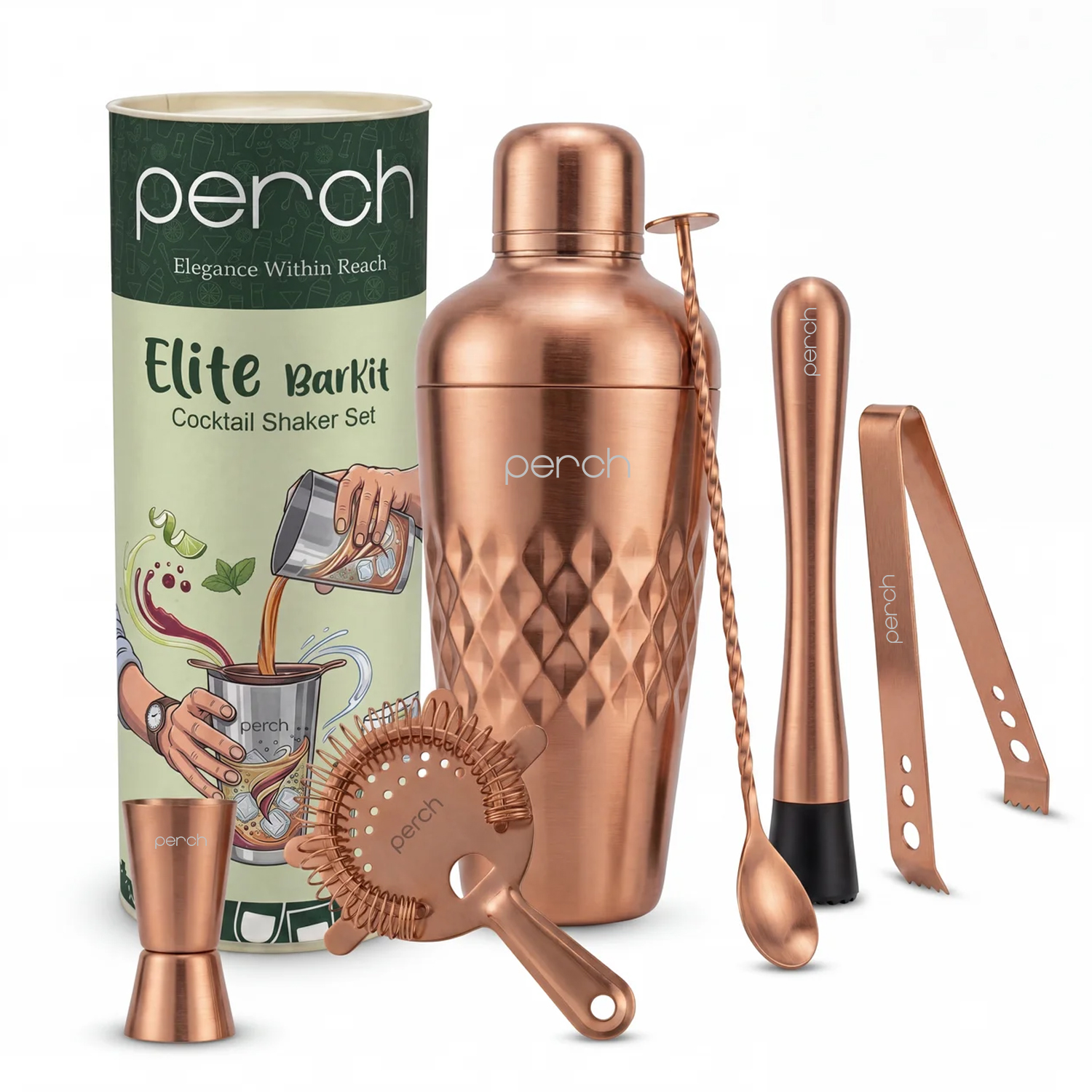 Elite 6-Piece Stainless Steel Bartender Kit | Belly Cocktail Shaker Set with Bar Tools - Rose Gold