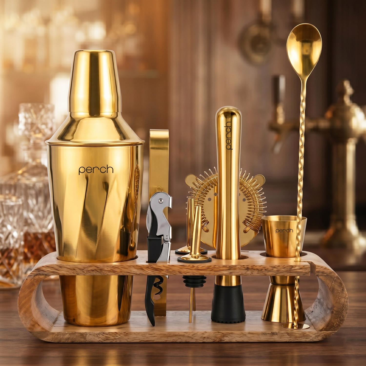 O' Holic Twist Cocktail Shaker Set | 10-Piece Bartender Kit with Mango Wooden Stand | Gold