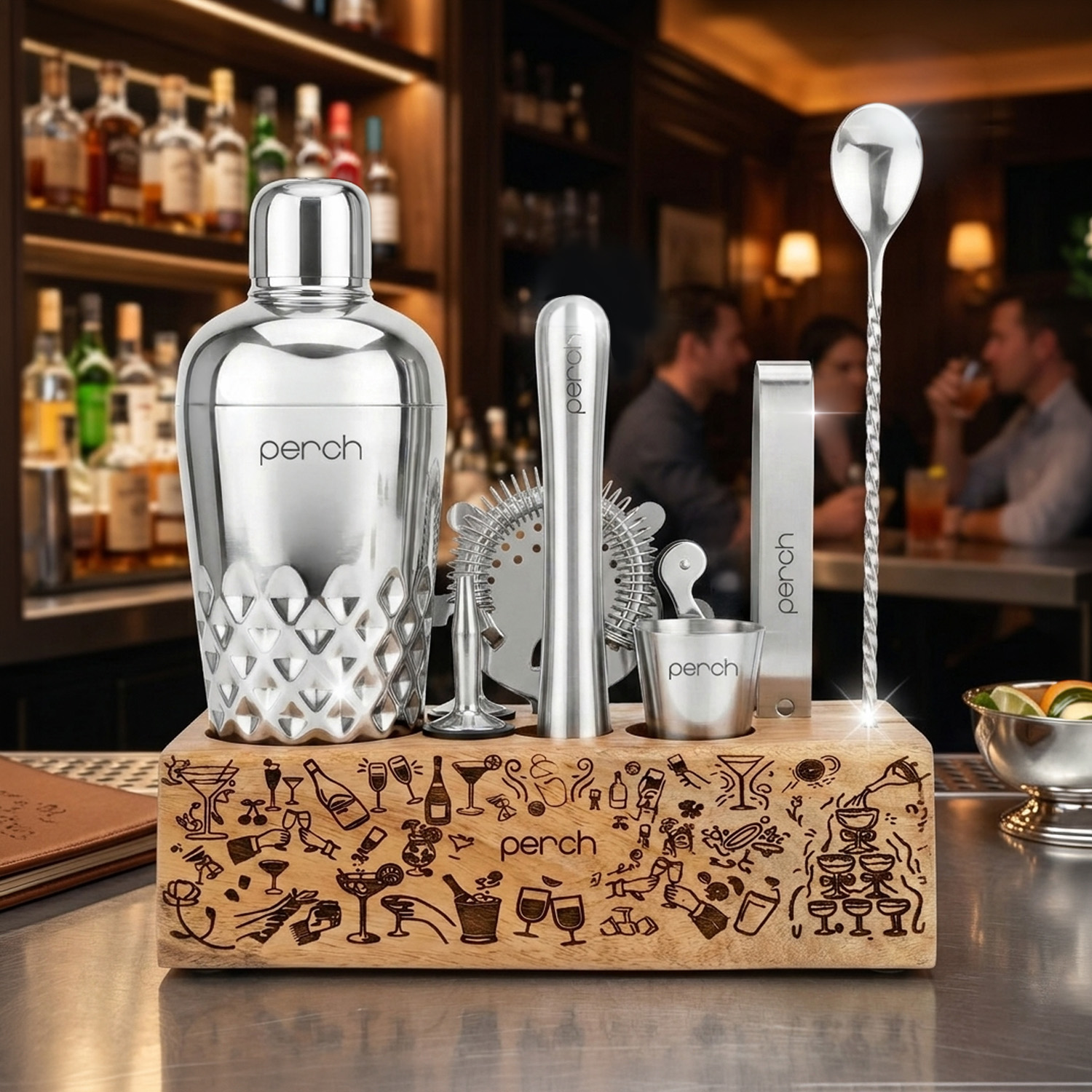 O' Holic 10-Piece Bartender Kit with Printed Wooden Stand, Silver