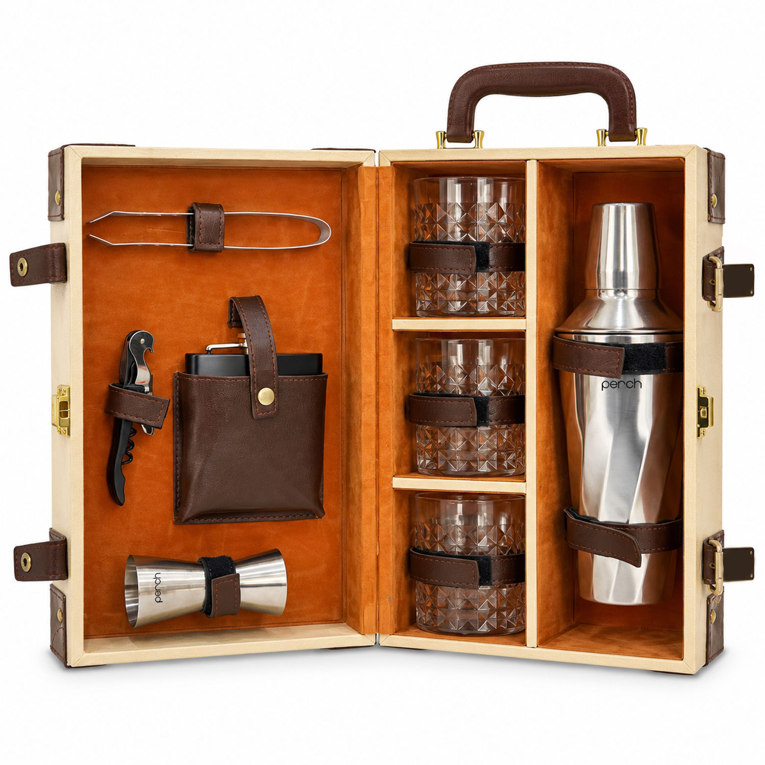 9-Piece Brown Leatherette Suitcase Bar Set with Cocktail Shaker & 3 Whisky Glasses – Silver