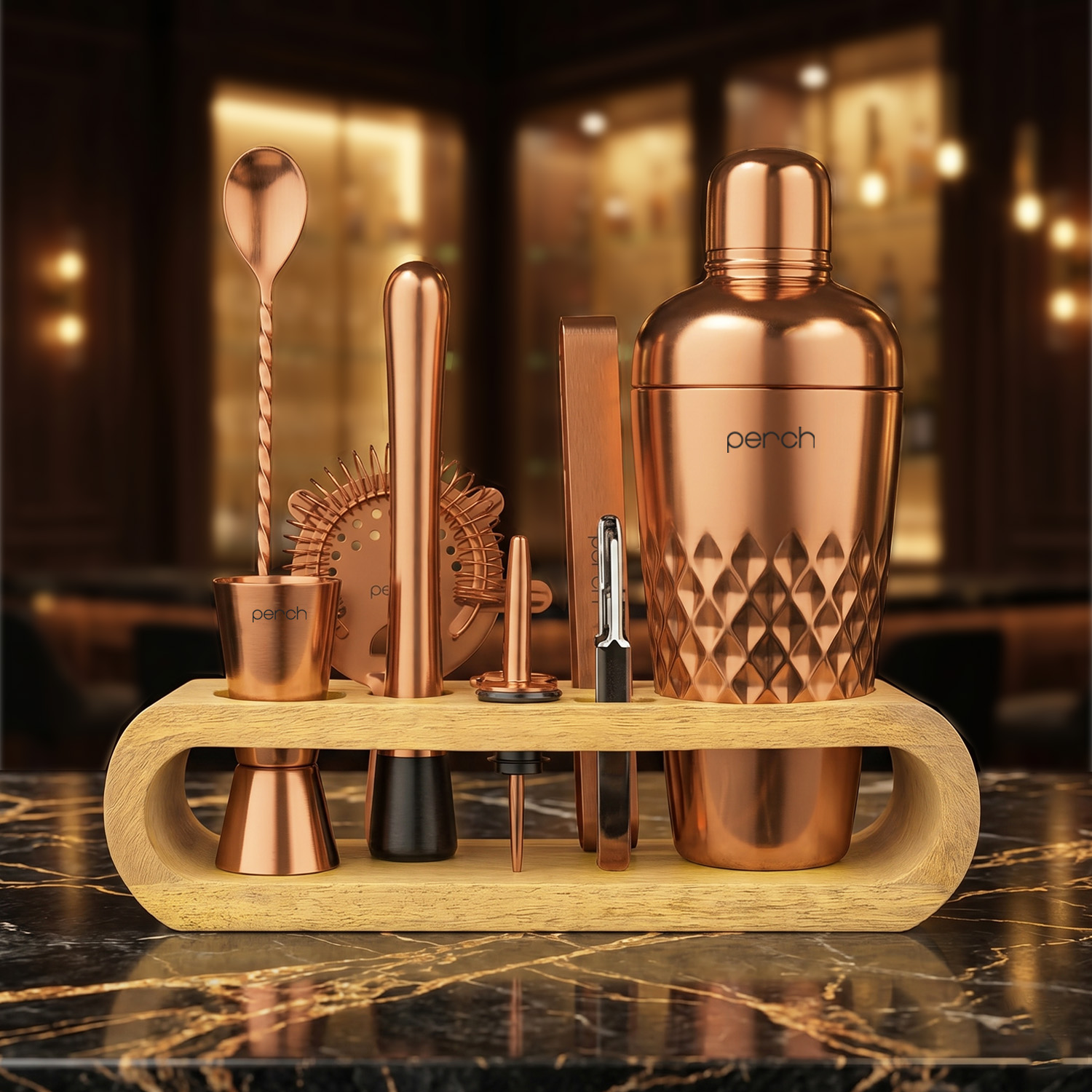 O' Holic 10-Piece Bartender Kit with Mango Wooden Stand | Cocktail Shaker Gift Set | Rose Gold