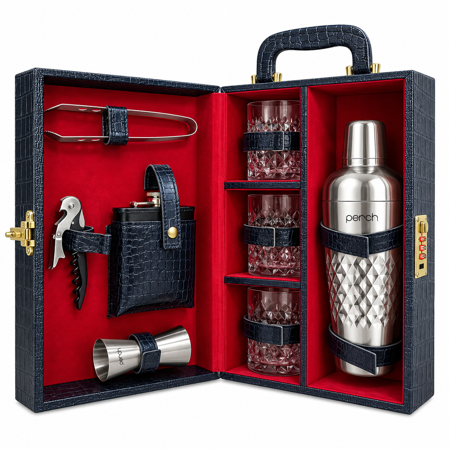 9-Piece Crocodile Print Leatherette Suitcase Bar Set with Cocktail Shaker & 3 Whisky Glasses – Silver