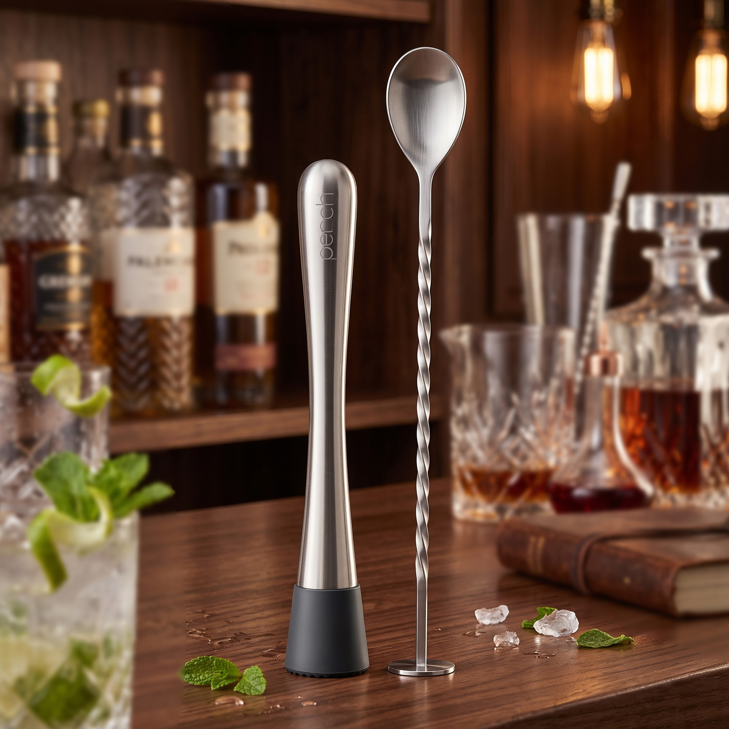 Bar Spoon & Muddler Set for Cocktails & Mocktails – Long Handle Stirring Spoon & Cocktail Muddler – Silver