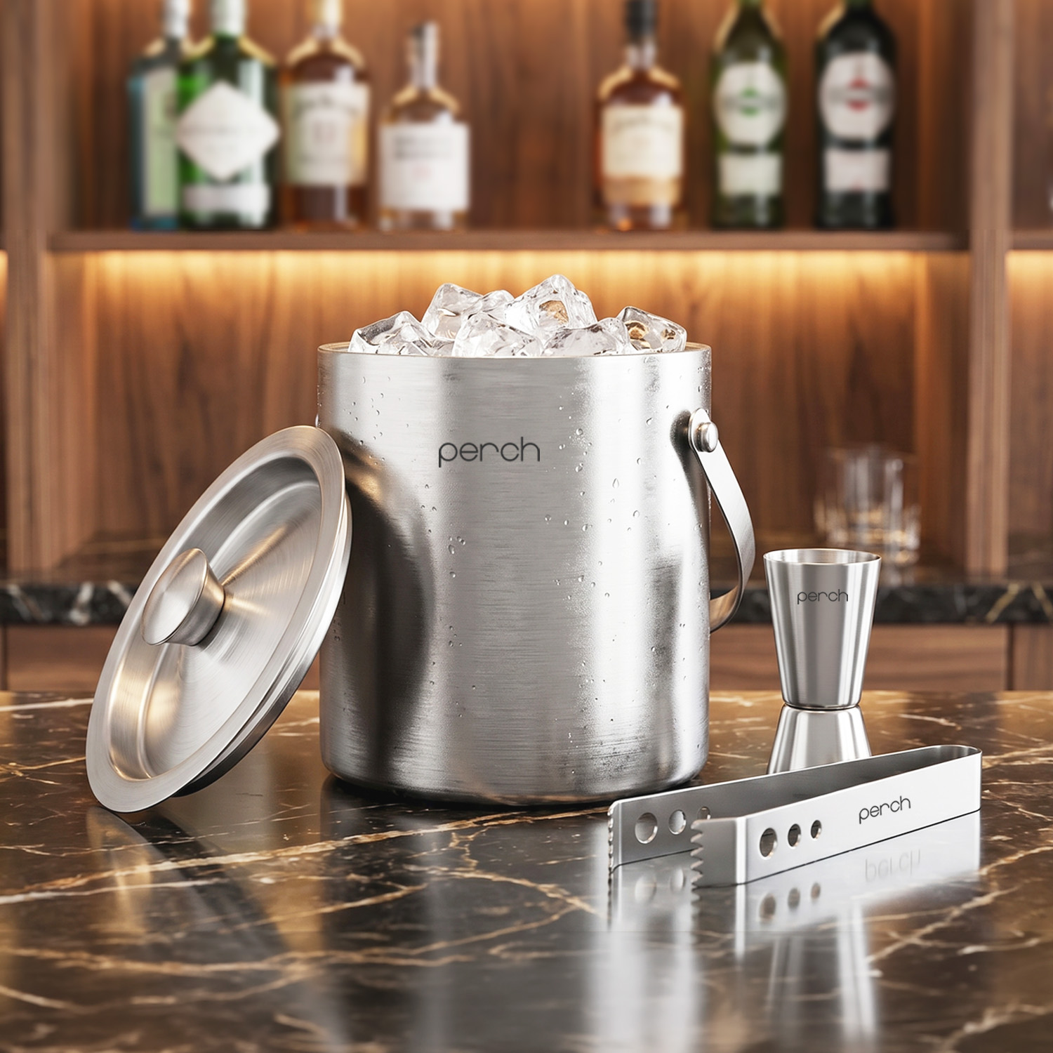 Silver Stainless Steel Ice Bucket Set with Lid, Handle, Ice Tong & Jigger – 1.5L