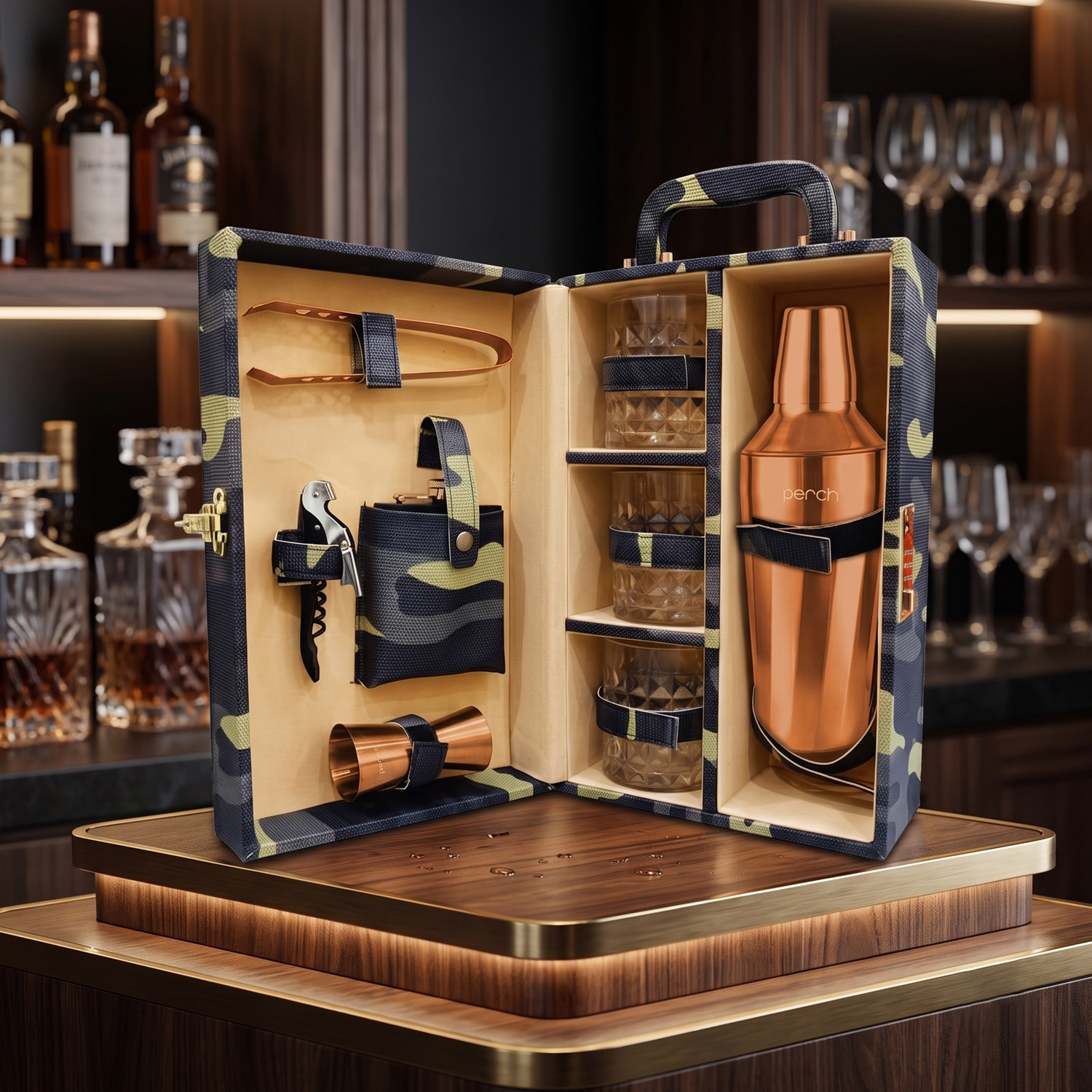 9-Piece Army Print Leatherette Suitcase Bar Set with Cocktail Shaker & 3 Whisky Glasses – Rose Gold