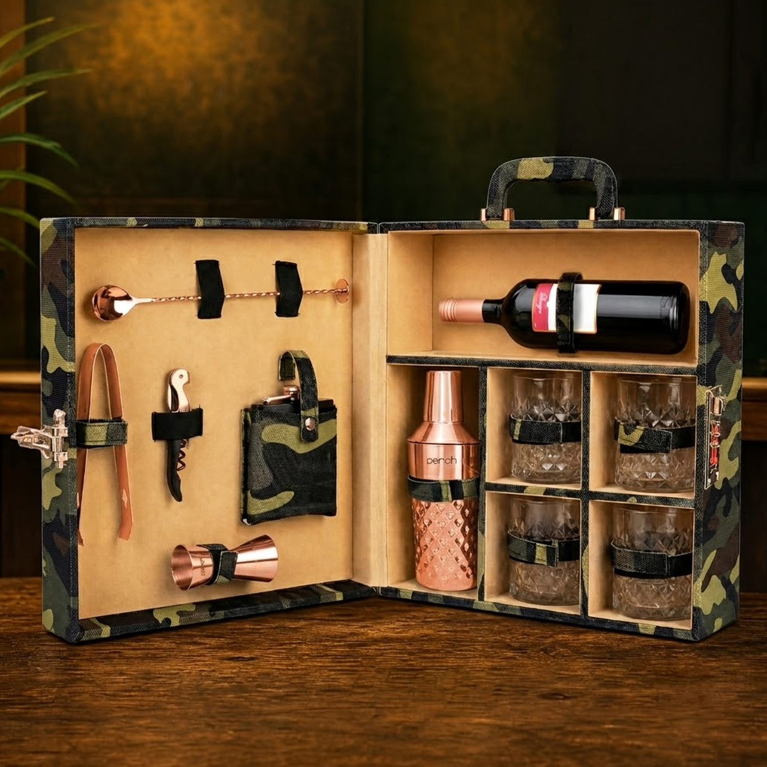 11-Piece Army Print Leatherette Suitcase Bar Set with Diamond Cocktail Shaker & 4 Whisky Glasses – Rose Gold
