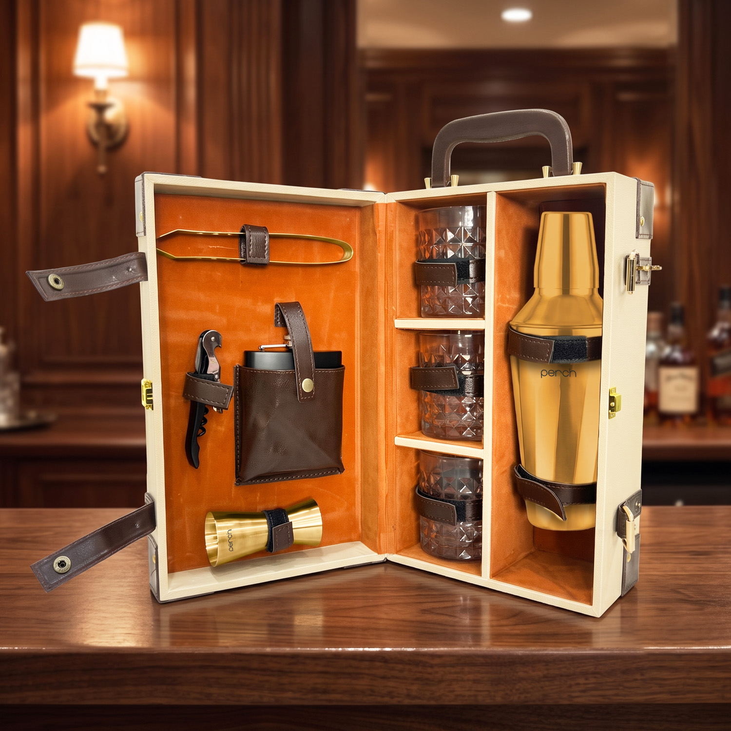 9-Piece Brown Leatherette Suitcase Bar Set with Cocktail Shaker & 3 Whisky Glasses – Golden
