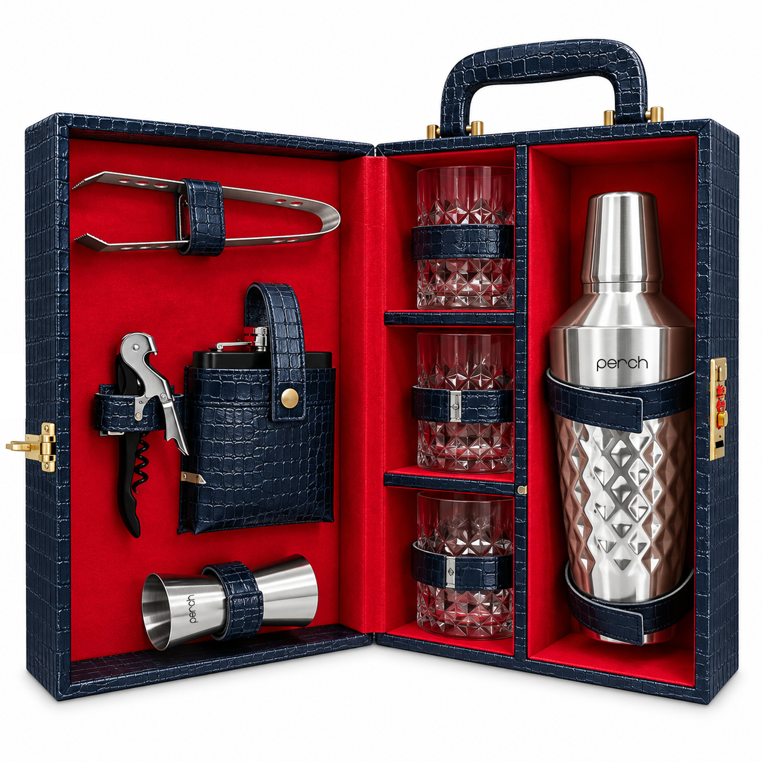 9-Piece Crocodile Print Leatherette Suitcase Bar Set with Cocktail Shaker & 3 Whisky Glasses – Silver