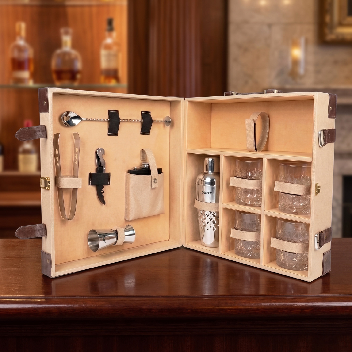 11-Piece Brown Leatherette Suitcase Bar Set with Belly Cocktail Shaker & 4 Whisky Glasses – Silver