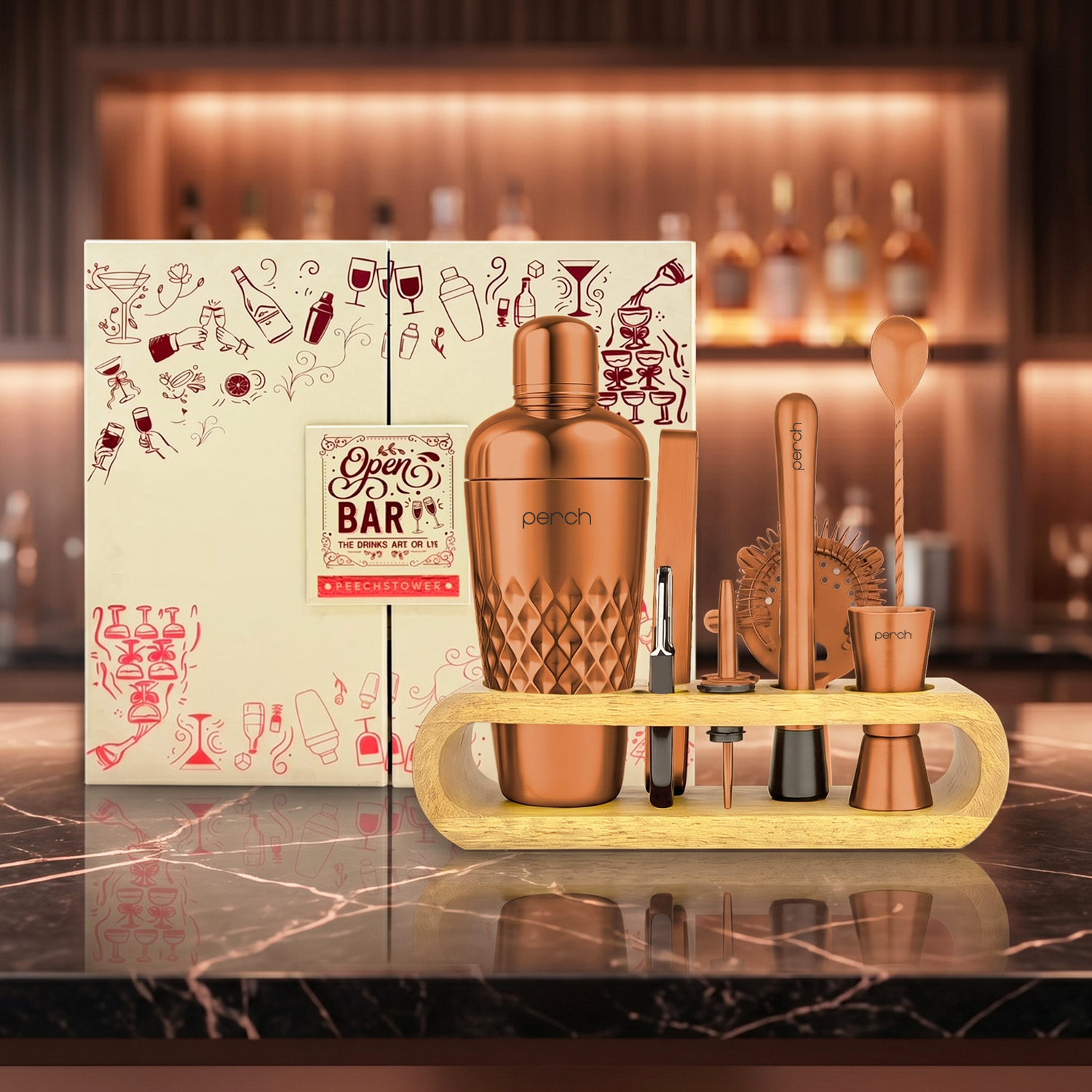 O' Holic 10-Piece Cocktail Shaker Gift Set with Mango Wooden Stand | Stainless Steel Bartender Kit | Rose Gold
