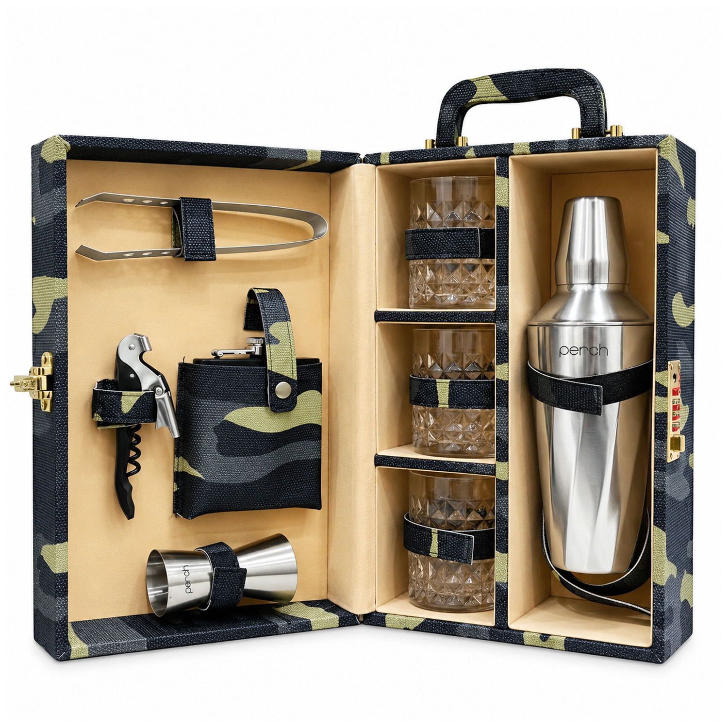 9-Piece Army Print Leatherette Suitcase Bar Set with Cocktail Shaker & 3 Whisky Glasses – Silver